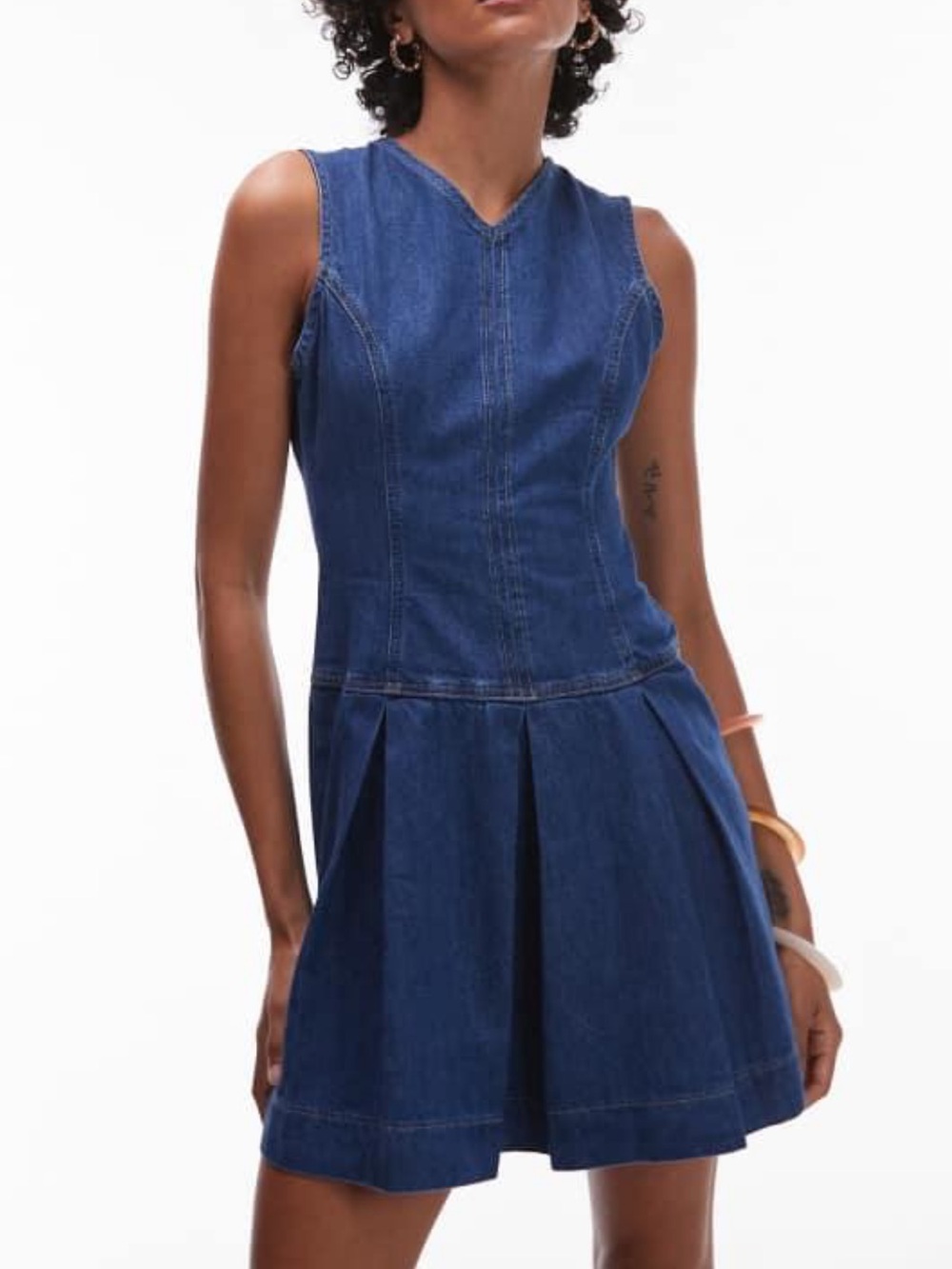 Topshop Blue Denim Sleeveless Pleated Dress
